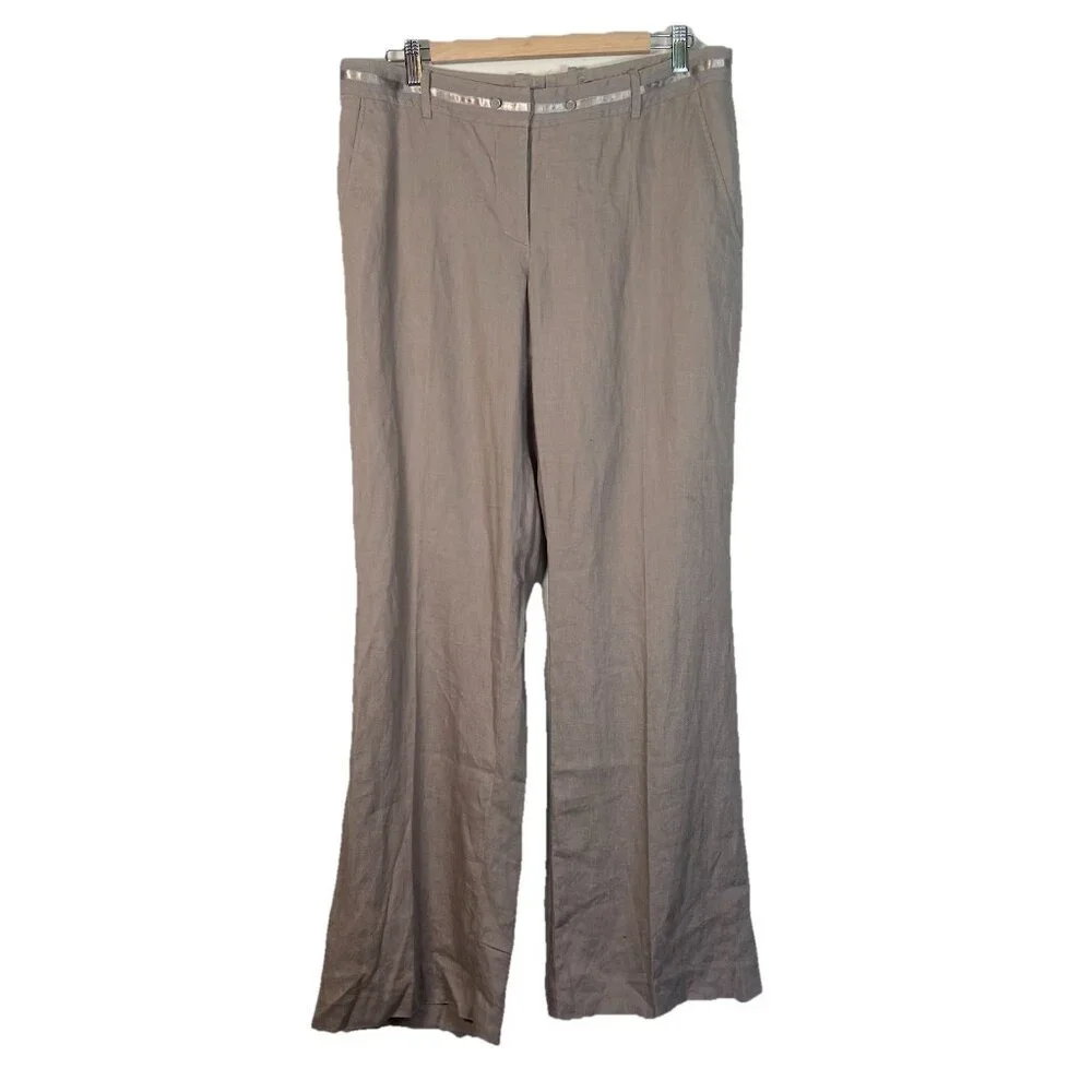 H&M Women’s Size 14 Pants 100% Linen Wide Leg Pockets‎ Mid Rise Tan Taupe Office